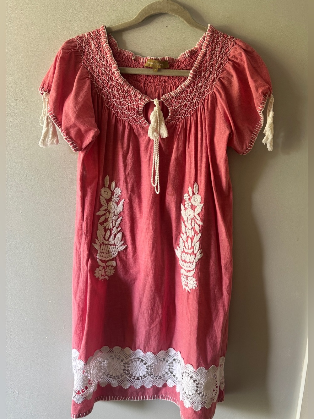 Rose and Rose Embroidered Smocked Peasant Mini Dress Coral Pink & White Sz S